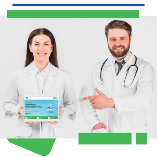 Smiling female doctor holding a tablet showing the Wisdom Pharmaceuticals website while a bearded male doctor with a stethoscope points toward it