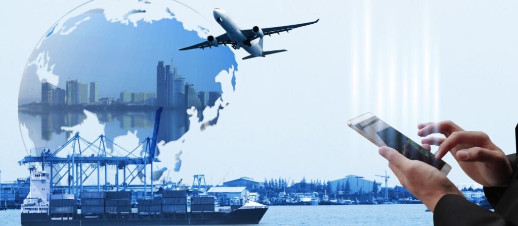 Global logistics banner with a cargo airplane over a globe and city skyline, a container ship at a port with cranes, and a person using a tablet on the right